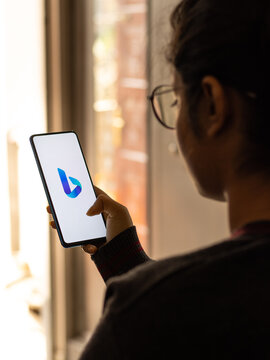 Assam, india - February 19, 2021 : Microsoft Bing logo on phone screen stock image.
