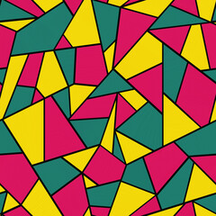 Obraz premium Geometric seamless pattern. Oil painting yellow, crimson and green geometric shapes with black outline. Abstract Ornamental Template for textile, wallpaper, print, carton, print.