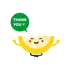 Cute yellow smiling lemon slice character relaxing, meditating, saying thank you and showing appreciation.
