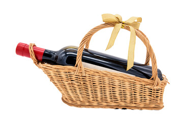 Red dry wine bottle on weave basket isolated on white