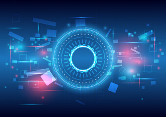 Futuristic Sci-Fi glowing HUD user. Data engineer. Digital infographic frame. Abstract hologram hi-tech background. Virtual reality technology electric particle