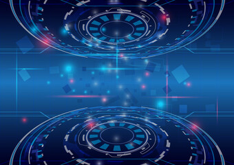 Digital particle of high computer. Futuristic Sci-Fi glowing HUD frame. Data engineer. Abstract hologram hi-tech background. Virtual reality holographic of projector