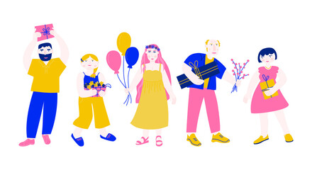 Set of different people with gifts.  Characters holding holiday boxes, flowers and air balloons in their hands. Simple vector flat illustration with young people going to birthday party