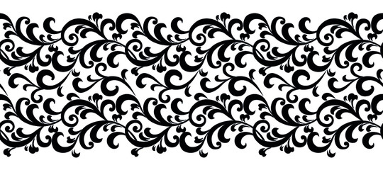 Seamless black and white swirly decorative border design - obrazy, fototapety, plakaty
