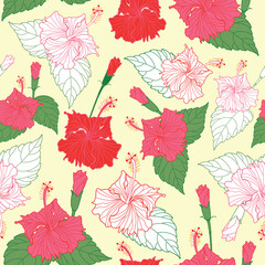 hibiscus. hibiscus pattern. floral pattern. seamless pattern tropical red hibiscus with yellow background