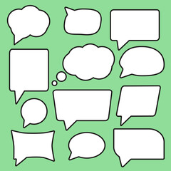 Set of speech bubbles from outlined circles distorted rectangle and square empty trendy shapes, black elements on green background, vector flat graphic design. Quote box. Text, information frame. 