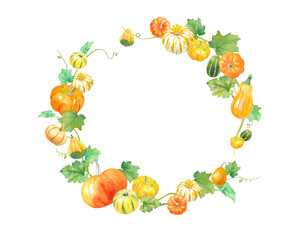 サンクスギビングデー、ハロウィンの装飾水彩イラスト。円形フレームデザイン。カラフルなカボチャ。
