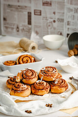 Cinnamon rolls. Cinnamon biscuits witch chocolate. Delicious dessert. 