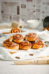 Cinnamon rolls. Cinnamon biscuits witch chocolate. Delicious dessert. 