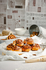 Cinnamon rolls. Cinnamon biscuits witch chocolate. Delicious dessert. 