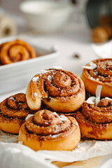 Cinnamon rolls. Cinnamon biscuits witch chocolate. Delicious dessert. 