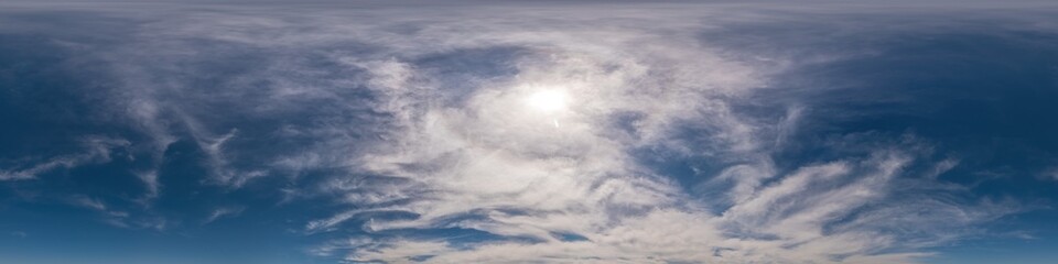 Blue sky panorama with Cirrus clouds. Seamless hdr 360 degree pano in spherical equirectangular format. Complete zenith for 3D visualization, game and sky replacement for aerial drone 360 panoramas.