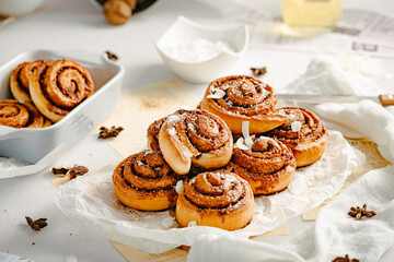 Cinnamon rolls. Cinnamon biscuits witch chocolate. Delicious dessert. 