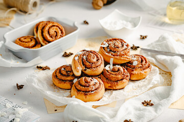 Cinnamon rolls. Cinnamon biscuits witch chocolate. Delicious dessert. 