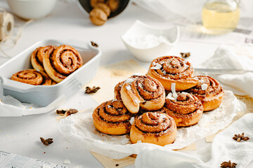 Cinnamon rolls. Cinnamon biscuits witch chocolate. Delicious dessert. 