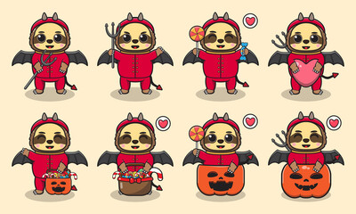 Cute Character Cartoon of Sloth with Devil costume halloween set. Good for icon, label, sticker, clipart. Vector illustration.