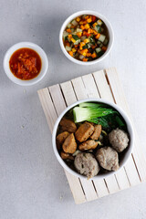 Mie ayam bakso, Indonesian food, noodles with chicken and served with meatballs