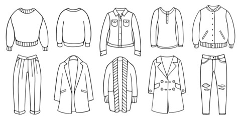 Hand-drawn set of female clothes for spring and autumn. Doodle women garment items isolated on the white background