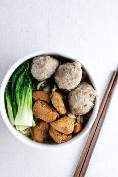 Mie Ayam Bakso, Indonesian Food, Noodles With Chicken And Served With Meatballs