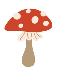 Fly agaric. Amanita mushroom. Poisonous toadstool fly agaric.  Red mushroom. Cartoon flat Vector illustration isolated on white background.