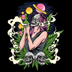 woman skull and cannabis marijuana vector illustration