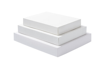 Stacking of white cardboard mock up boxes on white background.