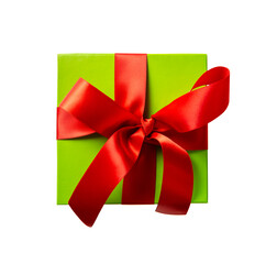 Green gift box with red bow and ribbon on white background.