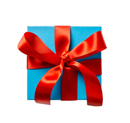 Blue gift box with red bow and ribbon on white background.