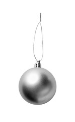 Silver christmas ball hanging isolated on white background.