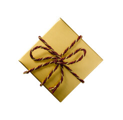 Golden gift box with red and gold rope bow on white background..