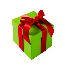 Green gift box with red bow and ribbon on white background.