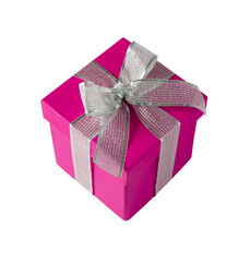Pink gift box with silver bow and ribbon on white background.