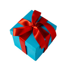 Blue gift box with red bow and ribbon on white background.