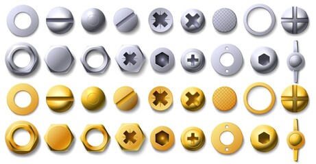Gold and metal screw, rivet and bolt heads top view. 3d brass and steel nail, buttons, hexagon and circle shaped nuts with thread vector set - obrazy, fototapety, plakaty
