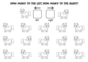 Left or right with black and white horse. Logical worksheet for preschoolers.