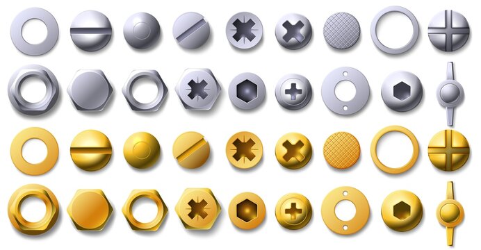 Gold and metal screw, rivet and bolt heads top view. 3d brass and steel nail, buttons, hexagon and circle shaped nuts with thread vector set