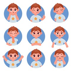 Cartoon little boy avatar face emotions and feelings. Child emoji confused, angry, laugh and cry. Boy character facial expression vector set