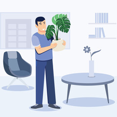 Fototapeta premium young man cutting monstera plant in house, cartoon, bundle vector illustration. character in different position.