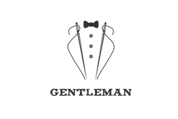 Vintage Retro Bow Tie Tuxedo with Needle and Yarn for Sewing Tailoring or Fashion Apparel Logo Design Vector