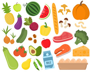 Set of colorful food elements. Bakery, meat, fish, fruits and vegetables. Healthy fresh nutrition. Grocery set. Natural organic and healthy food. Grocery store collection. Supermarket food elements.