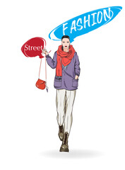 Young beautiful woman in autumn clothes. Sale concept. Hand drawn fashion illustration. Sketch