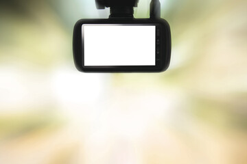 Modern dashboard camera mounted in the car, with white copy space. Concept of Vehicle Travel Safety 