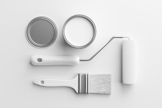 White Paint Brush Set Or Painting Roller And Painter Can Collection Of Top View Tool Isolated On Clean Paper Background With Interior House Renovation Design. 3D Rendering.