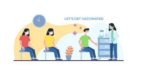 Coronavirus vaccination, doctor injecting a patient, getting first shot of covid vaccine in arm muscle. Medical doctor in protective suit and mask, process of immunization against covid-19, vector