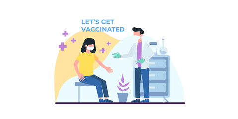 Coronavirus vaccination, doctor injecting a patient, getting first shot of covid vaccine in arm muscle. Medical doctor in protective suit and mask, process of immunization against covid-19, vector