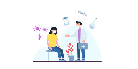 Coronavirus vaccination, doctor injecting a patient, getting first shot of covid vaccine in arm muscle. Medical doctor in protective suit and mask, process of immunization against covid-19, vector