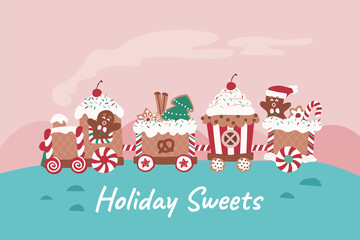 Christmas gingerbread train biscuit, sweet desserts for fabric, linen, textiles and wallpaper