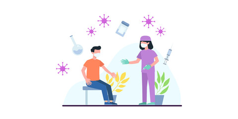 Coronavirus vaccination, doctor injecting a patient, getting first shot of covid vaccine in arm muscle. Medical doctor in protective suit and mask, process of immunization against covid-19, vector