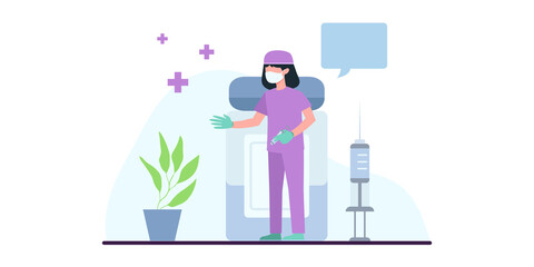 Coronavirus vaccination, doctor injecting a patient, getting first shot of covid vaccine in arm muscle. Medical doctor in protective suit and mask, process of immunization against covid-19, vector