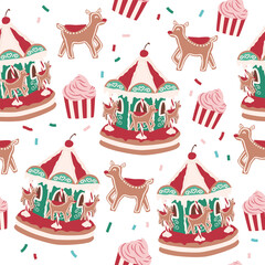 Holiday gingerbread carousel biscuit, sweet desserts seamless pattern for fabric, linen, textiles and wallpaper © Christiana